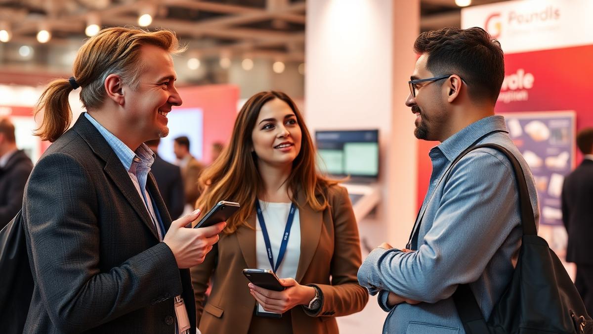 Sales team talking with a visitor in front of an exhibition stand