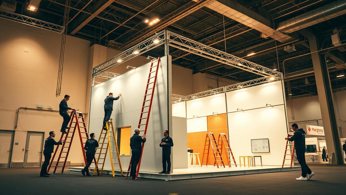 Crew assembling a modular exhibition stand in a fair hall
