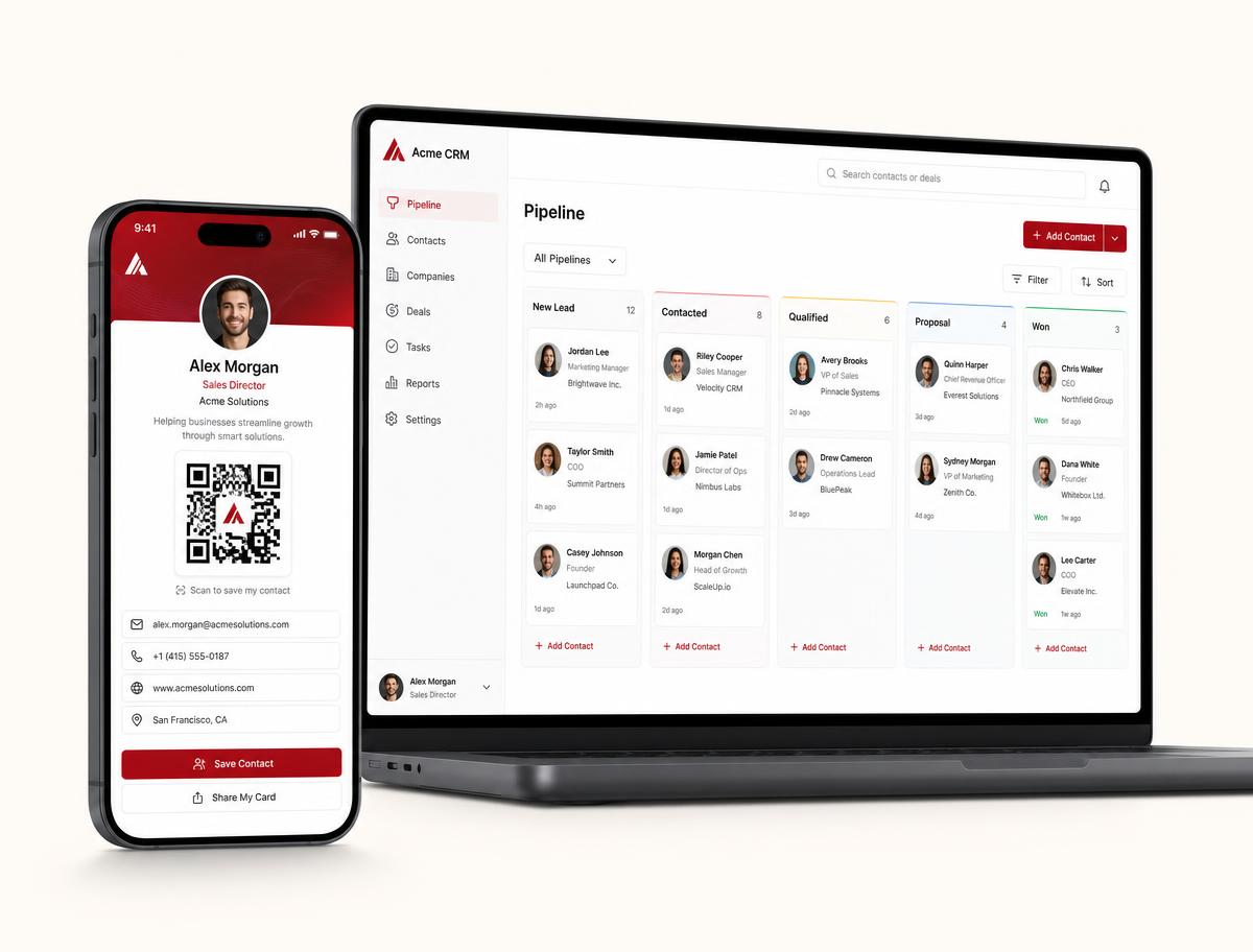 Fodego digital business card on a phone next to the CRM pipeline board on a laptop